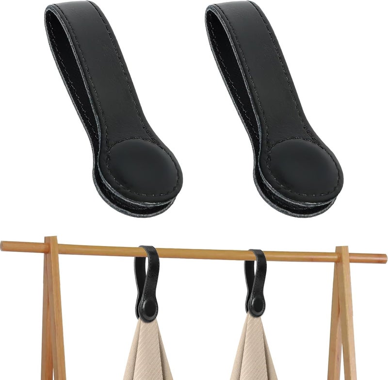 CODOHI 2PCS Genuine Leather Towel Clips for Kitchen, Magnetic Hand Clips, Towel Holder with Magnet for Rods and Racks, Bathroom Accessory (Black) - Image 1